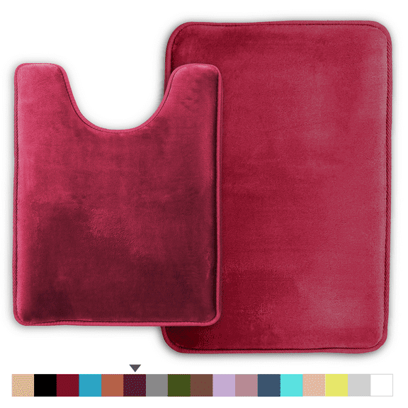 ComfiTime 2 Piece Bathroom Rugs Set – Thick Memory Foam, Non-Slip Bath Mat, Soft Plush Velvet Top, Ultra Absorbent, Small, Large & Long Rugs for Bathroom Floor, Burgundy, 20*32 & Contour Rug