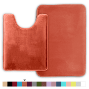 ComfiTime 2 Piece Bathroom Rugs Set – Thick Memory Foam, Non-Slip Bath Mat, Soft Plush Velvet Top, Ultra Absorbent, Small, Large & Long Rugs for Bathroom Floor, Coral, 20*32 & Contour Rug
