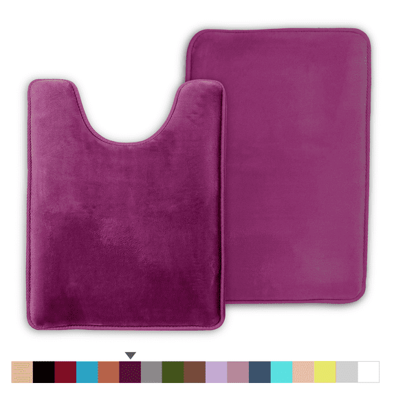 ComfiTime 2 Piece Bathroom Rugs Set – Thick Memory Foam, Non-Slip Bath Mat, Soft Plush Velvet Top, Ultra Absorbent, Small, Large & Long Rugs for Bathroom Floor, Eggplant, 17*24 & U