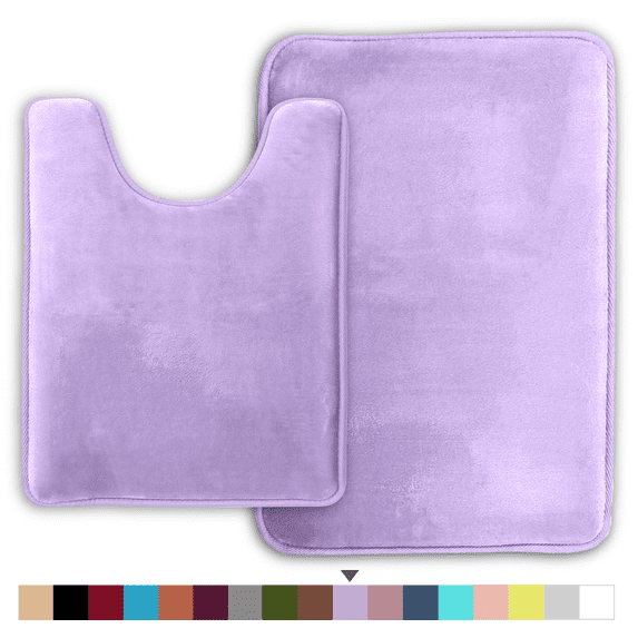 ComfiTime 2 Piece Bathroom Rugs Set – Thick Memory Foam, Non-Slip Bath Mat, Soft Plush Velvet Top, Ultra Absorbent, Small, Large & Long Rugs for Bathroom Floor, Lavender, 20*32 & Contour Rug