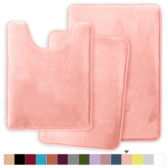 ComfiTime 2 Piece Bathroom Rugs Set – Thick Memory Foam, Non-Slip Bath Mat, Soft Plush Velvet Top, Ultra Absorbent, Small, Large & Long Rugs for Bathroom Floor, Peach, 17*24 & 20*32 & U