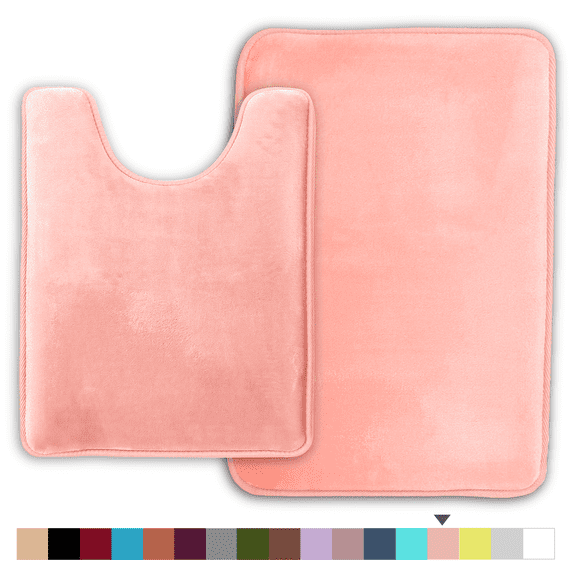 ComfiTime 2 Piece Bathroom Rugs Set – Thick Memory Foam, Non-Slip Bath Mat, Soft Plush Velvet Top, Ultra Absorbent, Small, Large & Long Rugs for Bathroom Floor, Peach, 20*32 & U