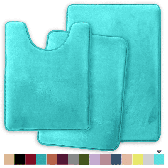 ComfiTime 2 Piece Bathroom Rugs Set – Thick Memory Foam, Non-Slip Bath Mat, Soft Plush Velvet Top, Ultra Absorbent, Small, Large & Long Rugs for Bathroom Floor, Teal, 17*24 & 20*32 & U