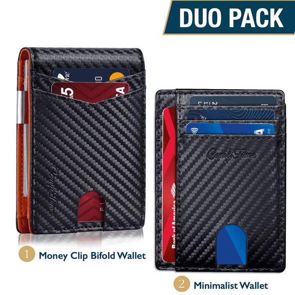 ComfiTime 2-Piece Slim Mens Wallet Set - RFID Wallets for Men & Women, Genuine Leather Front Pocket Wallets w/ Money Clip, Small Thin Travel Bifold Wallet w/ Gift Box, Black