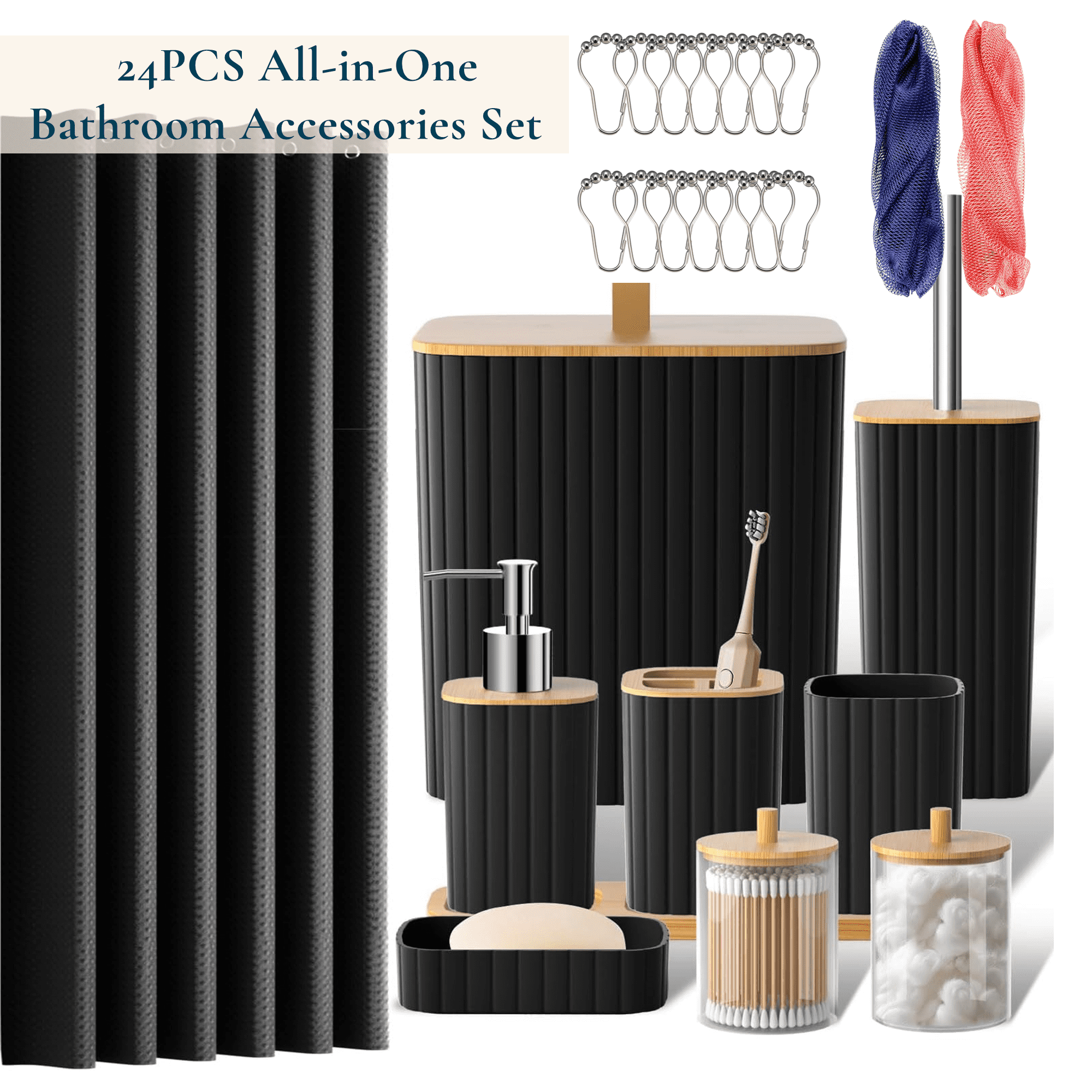 ComfiTime 24PCS Bathroom Accessories Set - Bathroom Essentials W/ Shower Curtain, Trash Can, Toilet Brush, Tumbler, Toothbrush Holder, Soap Dispenser, Soap Holder, Qtip Holders & African Net Sponges
