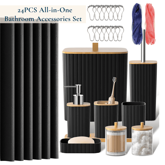ComfiTime 24PCS Bathroom Accessories Set - Bathroom Essentials W/ Shower Curtain, Trash Can, Toilet Brush, Tumbler, Toothbrush Holder, Soap Dispenser, Soap Holder, Qtip Holders & African Net Sponges
