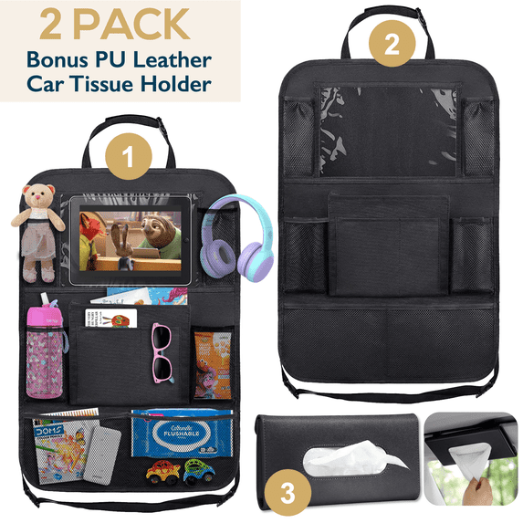 ComfiTime 2Pack Car Seat Organizer,Waterproof Car Backseat Organizer W/ 10” Tablet Holder Cup Holder for Kids,10 Pockets Backseat Organizer Protector Kick Mats,Car Accessories for Men / Women