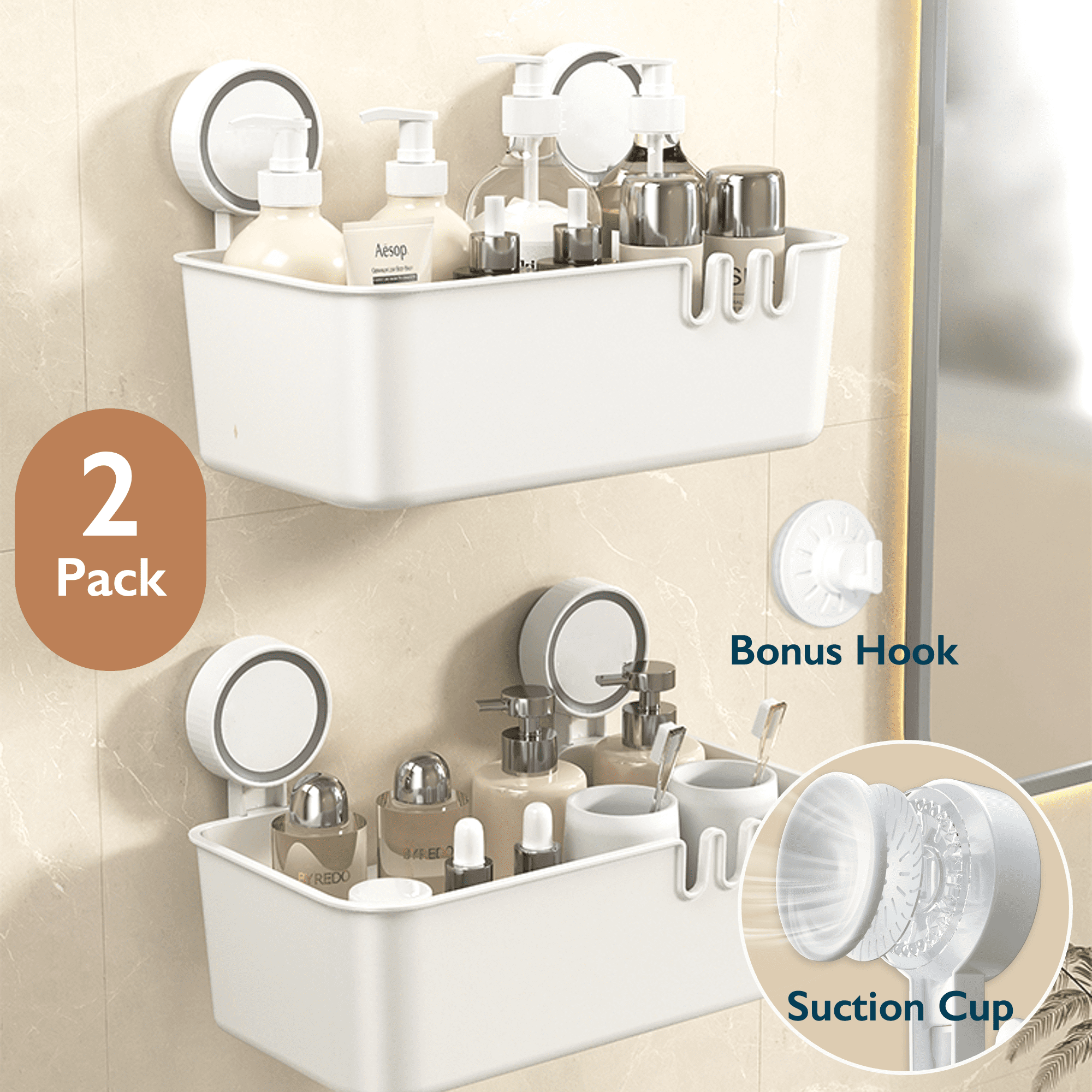 ComfiTime Suction Cup Shower Caddy Set (2 Pack) NoDrill, NoAdhesive