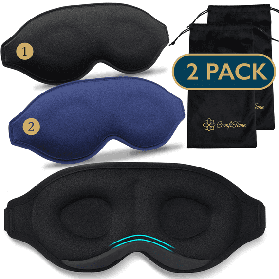 ComfiTime Memory Foam Sleep Mask - 2Pack 100% Blackout 3D Eye Mask for Sleeping, Eye Covers for Men & Women, Contour Blindfold with Nose Baffle for Adult, Soft Travel Eye Blinders Night Mask