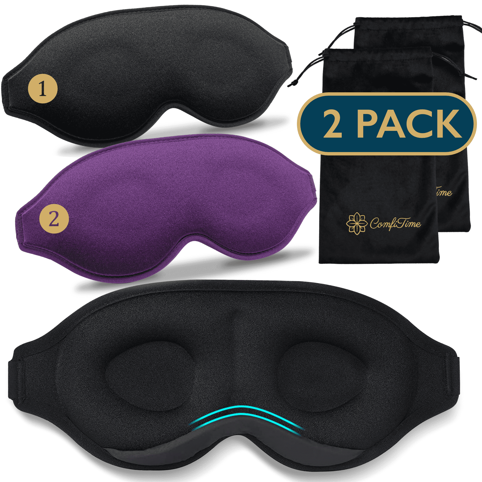 ComfiTime 2Pack Sleep Mask, 100% Blackout, Contoured, Soft Memory Foam ...