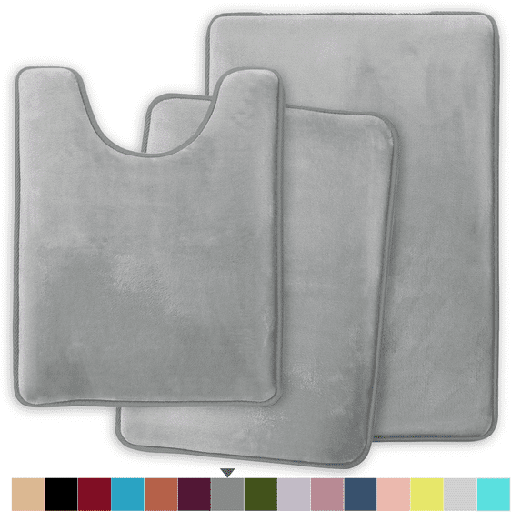 ComfiTime 3 Piece Bathroom Rugs Set – Thick Memory Foam, Non-Slip Bath Mat, Soft Plush Velvet Top, Ultra Absorbent, Small, Large & Long Rugs for Bathroom Floor with Contour Rug, Gray