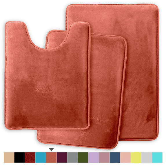 ComfiTime 3 Piece Bathroom Rugs Set – Thick Memory Foam, Non-Slip Bath Mat, Soft Plush Velvet Top, Ultra Absorbent, Small, Large & Long Rugs for Bathroom Floor with Contour Rug, Coral