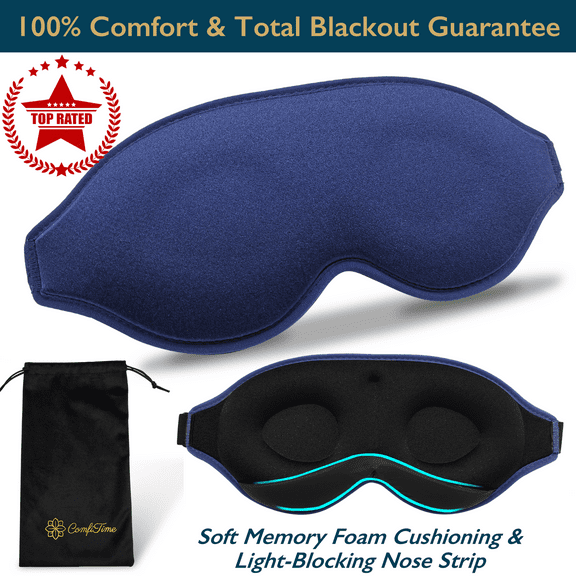 ComfiTime Memory Foam Sleep Mask - 100% Blackout 3D Eye Mask for Sleeping, Eye Covers for Men & Women, Contour Blindfold with Nose Baffle for Adult, Soft Travel Eye Blinders Night Mask, Blue