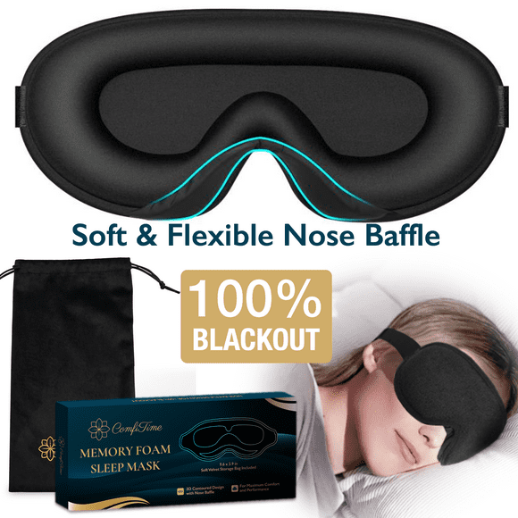 ComfiTime 3D Sleep Mask - 100% Blackout Eye Mask for Sleeping, Eye Covers for Men,Women,Kids, Contour Blindfold with Nose Baffle, Soft & Lightweight Sleep Eye Blinders , Latex-Free, Black