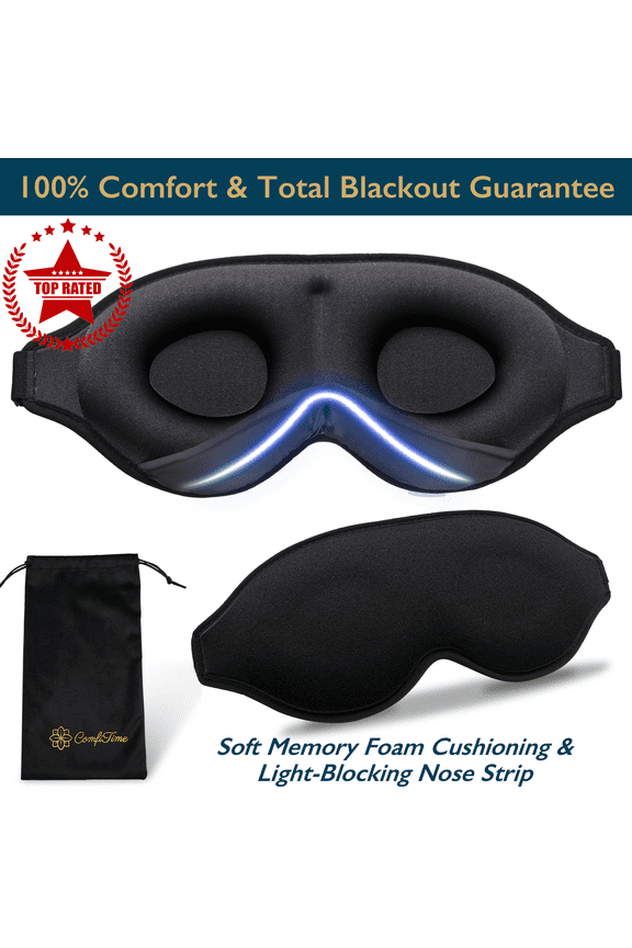 Memory Foam Sleep Mask - 100% Blackout 3D Eye Mask for Sleeping, Eye Covers for Men & Women, Contour Blindfold with Nose Baffle for Adult, Soft Travel Eye Blinders Night Mask, Black
