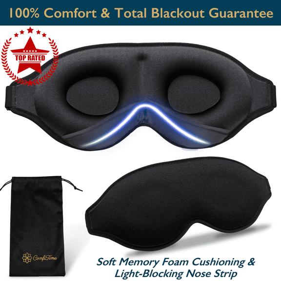 ComfiTime Memory Foam Sleep Mask - 100% Blackout 3D Eye Mask for Sleeping, Eye Covers for Men & Women, Contour Blindfold with Nose Baffle for Adult, Soft Travel Eye Blinders Night Mask, Black