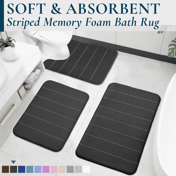 ComfiTime 3-Piece Memory Foam Bathroom Rug Set, Non-Slip Bath Mats for Bathroom Floor, Soft & Ultra Absorbent Shower Rug, Quick Dry Machine-Washable Bathmats, 17 x 24 & 20 x 24 & 20 x 32, Black