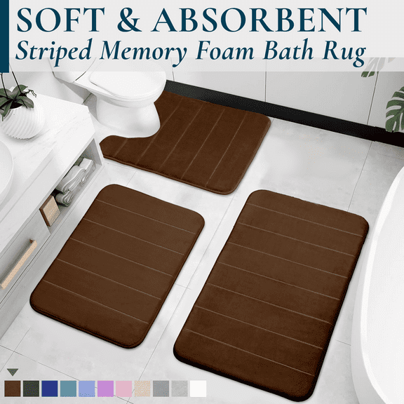 ComfiTime 3-Piece Memory Foam Bathroom Rug Set, Non-Slip Bath Mats for Bathroom Floor, Soft & Ultra Absorbent Shower Rug, Quick Dry Machine-Washable Bathmats, 17 x 24 & 20 x 24 & 20 x 32, Brown