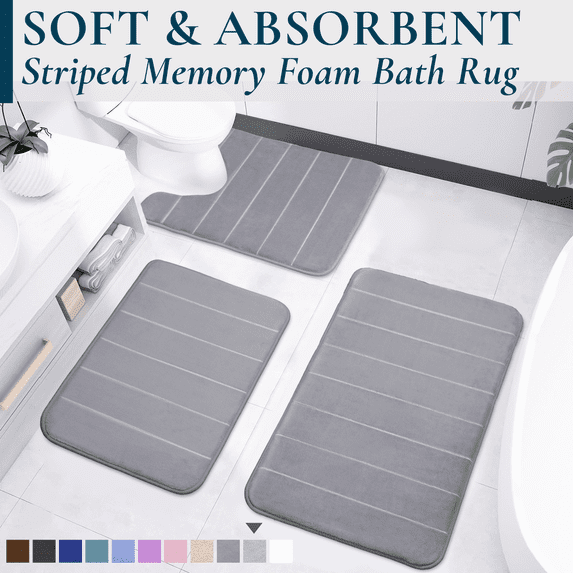 ComfiTime 3-Piece Memory Foam Bathroom Rug Set, Non-Slip Bath Mats for Bathroom Floor, Soft & Ultra Absorbent Shower Rug, Quick Dry Machine-Washable Bathmats, 17 x 24 & 20 x 24 & 20 x 32, Gray