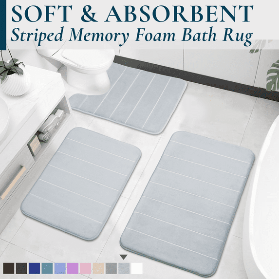 ComfiTime 3-Piece Memory Foam Bathroom Rug Set, Non-Slip Bath Mats for Bathroom Floor, Soft & Ultra Absorbent Shower Rug, Quick Dry Machine-Washable Bathmats, 17 x 24 & 20 x 24 & 20 x 32, Silver
