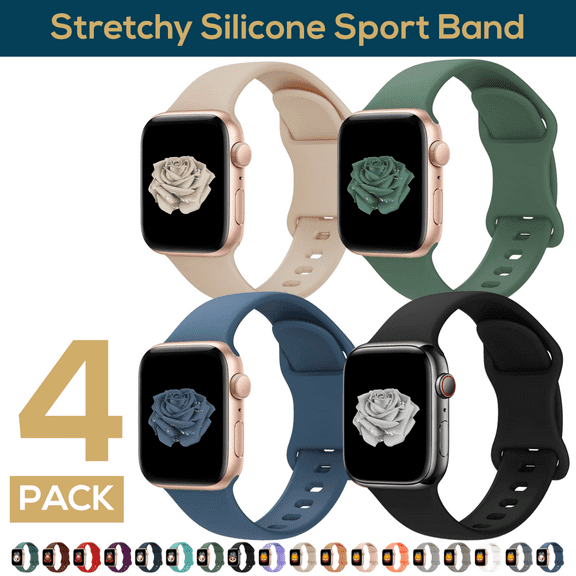 ComfiTime 4Pack Apple Watch Band – Stretchy iWatch Sport Bands 38/40/41/42/44/45 mm for Women & Men, Silicone Apple Watch Strap ,iphone Watch Band for Series 9 8 7 6 5 4 3 2 1 SE