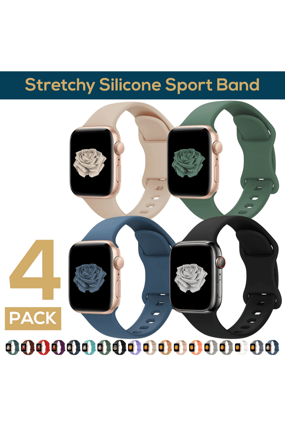 4Pack Apple Watch Band – Stretchy iWatch Sport Bands 38/40/41/42/44/45 mm for Women & Men, Silicone Apple Watch Strap ,iphone Watch Band for Series 9 8 7 6 5 4 3 2 1 SE