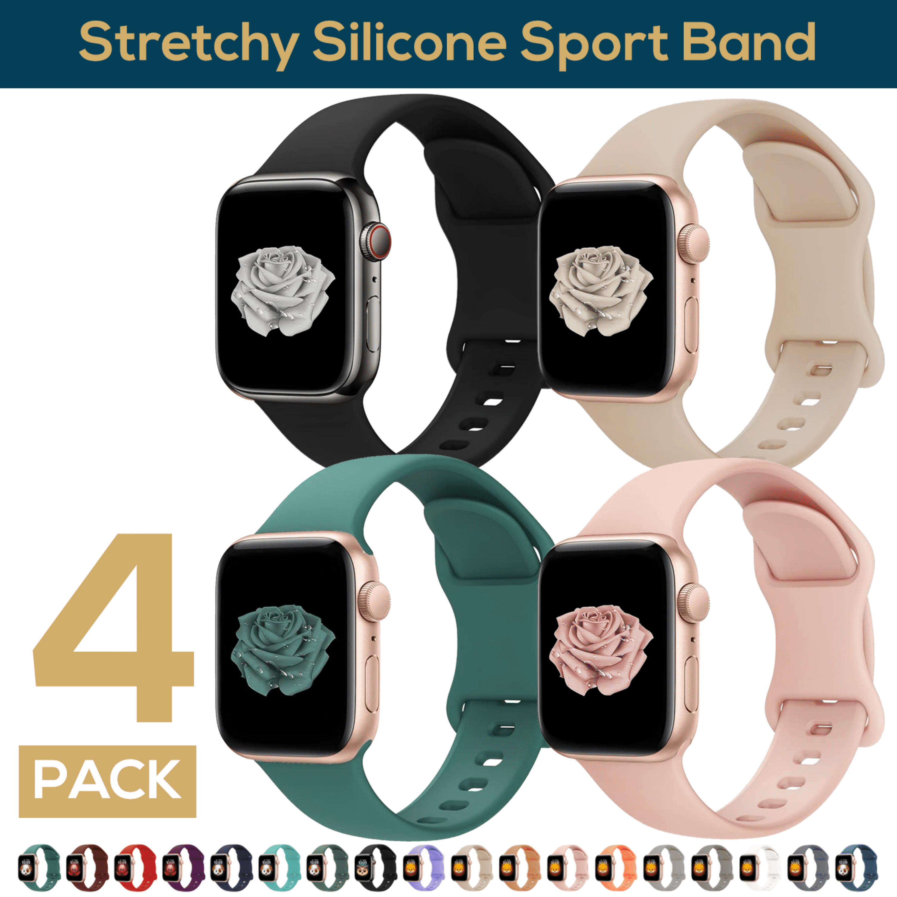 ComfiTime 4Pack Apple Watch Band Stretchy iWatch Sport Bands 38 40 41 42 44 45 49 mm for Women Men Silicone Apple Watch Strap iphone Watch Band for Series 9 8 7 6 5 4 3 2 1 SE SE2 Ultra Ultra2 Walmart...