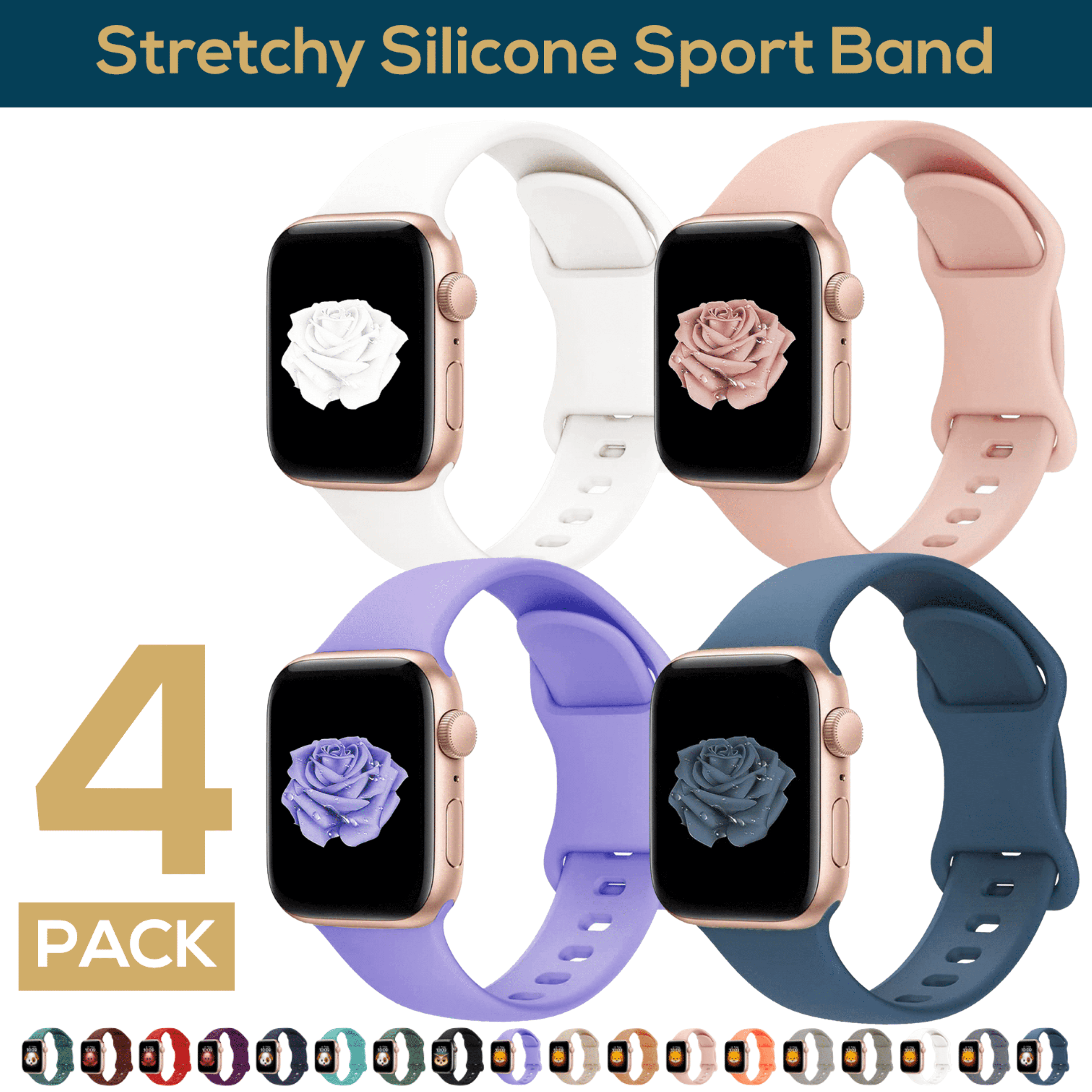 ComfiTime 4Pack Apple Watch Band Stretchy iWatch Sport Bands 38 40 41 42 44 45 mm for Women Men Silicone Apple Watch Strap iphone Watch Band for