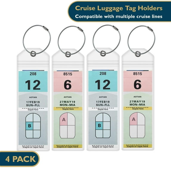 ComfiTime Cruise Luggage Tag Holders, 4Pack Waterproof Clear Luggage Tags for Cruise Ships W/ Zip Seal & Steel Loops, PVC Travel Suitcase Bag Tags for Luggage for Royal Caribbean & Celebrity Cruise