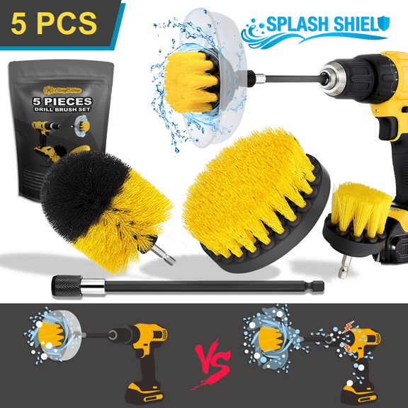 ComfiTime 5PCS Drill Brush Attachment Set – Heavy Duty Drill Brush Kit w/ Splash Shield, Universal Bathtub Scrub Cleaning Brush, Power Scrubber for bathroom, toilet , tile and household cleaning