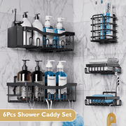 ComfiTime 6Pcs Adhesive Shower Caddy, Soap Holder & Toothbrush Holder Set – Durable Bathroom Shelf Organizer, Removable Metal Bathtub Caddy, Inside Shower Storage Rack, Holds up to 44 lbs, Black
