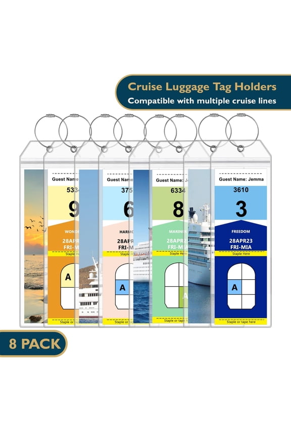 Cruise Luggage Tag Holders, 8Pack Waterproof Clear Luggage Tags for Cruise Ships W/ Zip Seal & Steel Loops, PVC Travel Suitcase Bag Tags for Luggage for Royal Caribbean & Celebrity Cruise