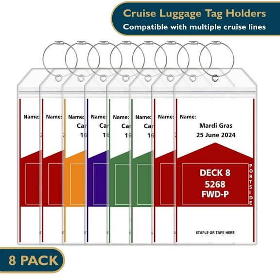 ComfiTime Cruise Luggage Tag Holders, 8Pack Waterproof Clear Luggage Tags for Cruise Ships W/ Zip Seal & Steel Loops, Suitcase Tags for Luggage for Multiple Cruise Lines – Carnival, Princess, etc.