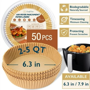 ComfiTime Air Fryer Liners – 6.3” Round/Square Disposable Parchment Paper Sheets, Unbleached, Non-Stick, Water/Oil/Greaseproof, Oven Baking Paper Liners for 2-5 Quart Air Fryers, 50 PCS