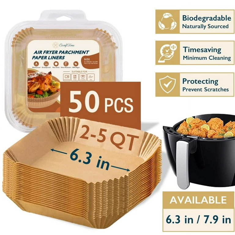 https://i5.walmartimages.com/seo/ComfiTime-Air-Fryer-Liners-6-3-Square-Disposable-Parchment-Paper-Sheets-Unbleached-Non-Stick-Water-Oil-Greaseproof-Oven-Baking-2-5-Quart-Fryers-50-PC_0a5397b4-74f3-4dec-a180-7b179b725365.dbd767d472250e07295f4b4a8b6d5808.jpeg?odnHeight=768&odnWidth=768&odnBg=FFFFFF