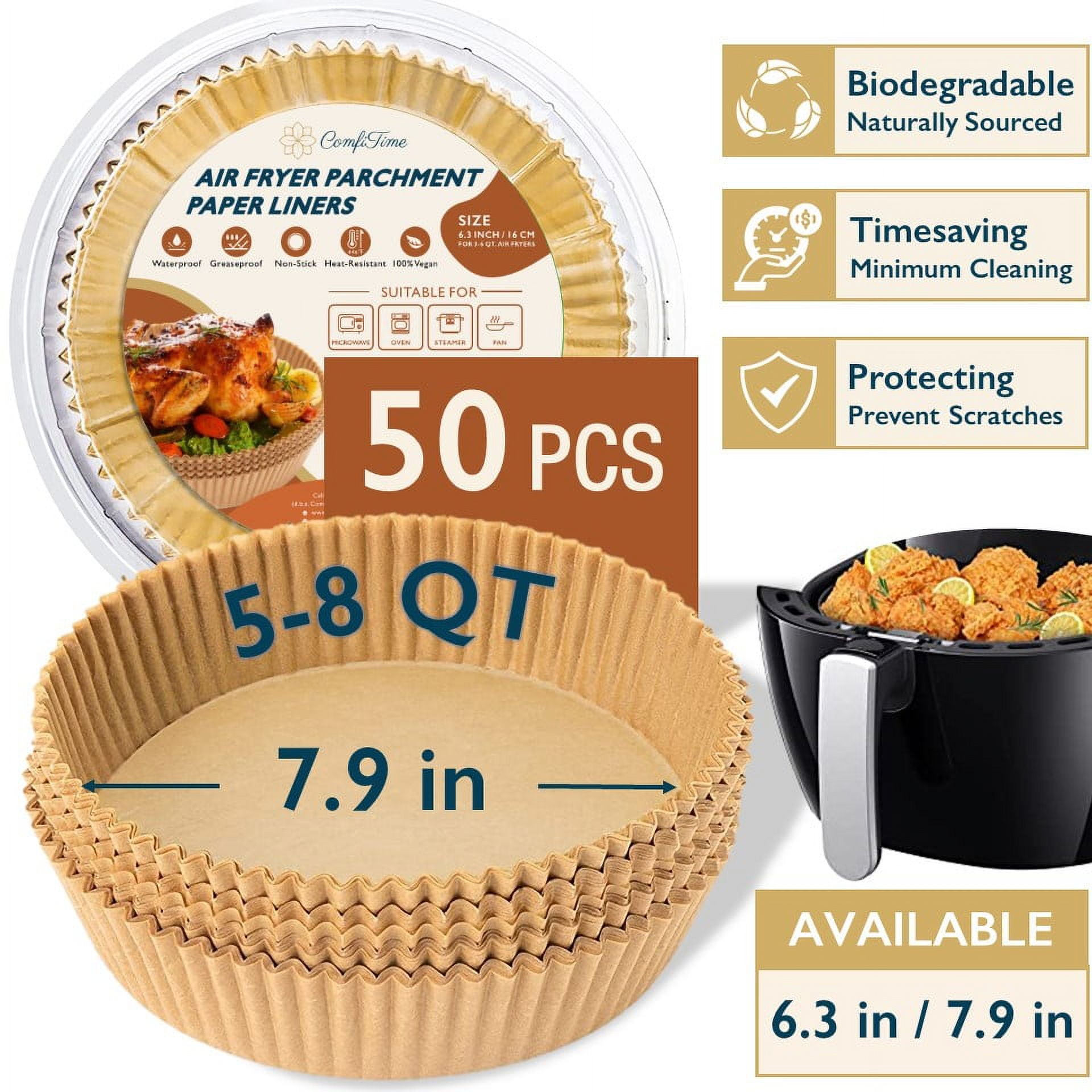ComfiTime Air Fryer Liners – 7.9” Round/Square Disposable Parchment Paper  Sheets, Unbleached, Non-Stick, Water/Oil/Greaseproof, Oven Baking Paper  Liners for 5-8 Quart Air Fryers, 50 PCS 