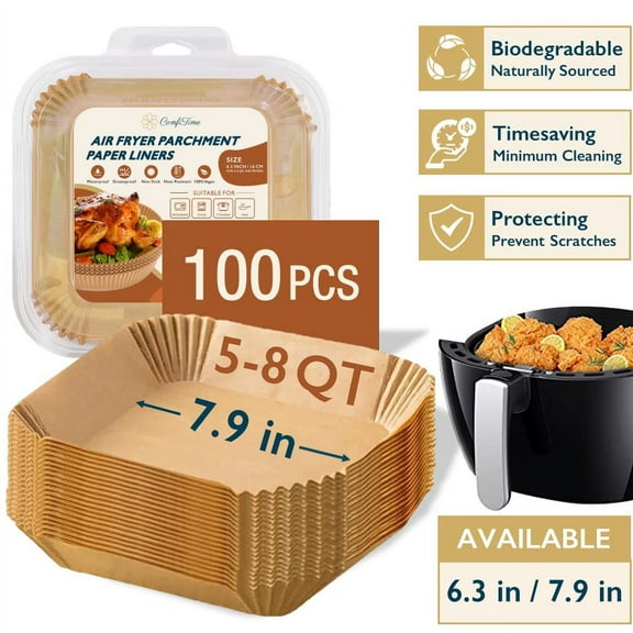 ComfiTime Air Fryer Liners – 7.9” Square Disposable Parchment Paper Sheets, Unbleached, Non-Stick, Water/Oil/Greaseproof, Oven Baking Paper Liners for 5-8 Quart Air Fryers, 100 PCS