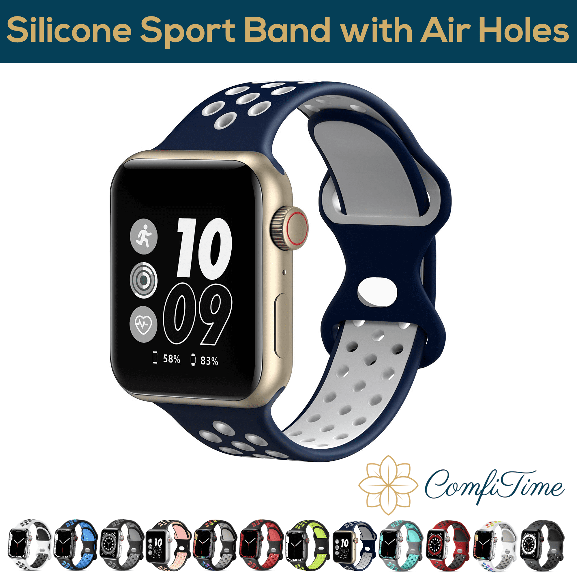 ComfiTime Apple Watch Band – Stretchy Apple Watch Sport Bands  38/40/41/42/44/45/49 mm for Men & Women, Breathable Silicone Bracelet  iWatch Bands,