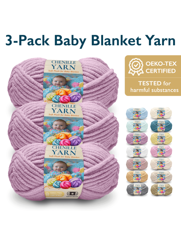 3-Pack Super Bulky #6 Chenille Yarn – OEKO-TEX Certified, Soft Fluffy for Baby Blankets & Plush Toys, No Fray/Shedding, Crochet/Knitting/Amigurumi, 74 Yds/Skein, Machine Washable, Lavender