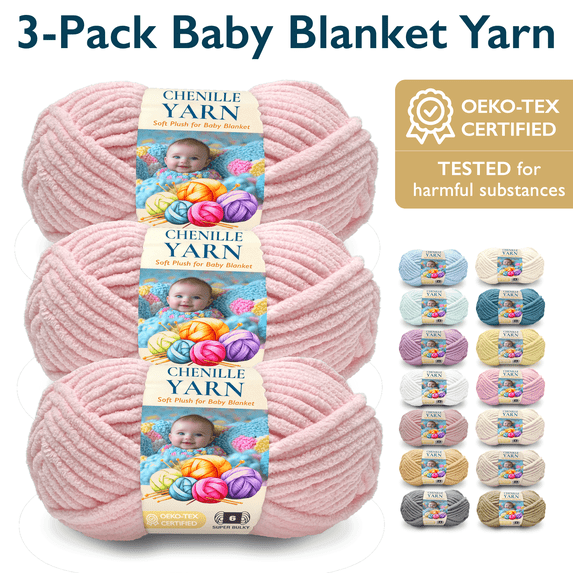 ComfiTime 3-Pack Super Bulky #6 Chenille Yarn – OEKO-TEX Certified, Soft Fluffy for Baby Blankets & Plush Toys, No Fray/Shedding, Crochet/Knitting/Amigurumi, 74 Yds/Skein, Machine Washable, Pink