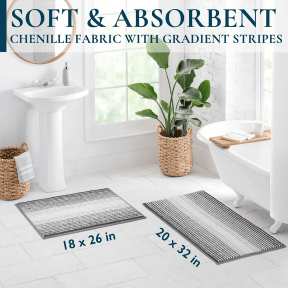 ComfiTime Bathroom Rug Set, 18" x 26" & 20" x 32", 1500GSM Slip-Resistant Chenille Bath Mat for Tub, Bathroom Floor, Machine Washable, Ultra Absorbent, Small or Long, Black, Gray, Blue, Green & Brown
