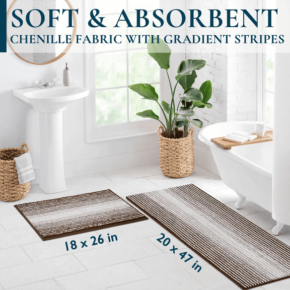 ComfiTime Bathroom Rug Set, 18" x 26" & 20" x 47", 1500GSM Slip-Resistant Chenille Bath Mat for Tub, Bathroom Floor, Machine Washable, Ultra Absorbent, Small or Long, Black, Gray, Blue, Green & Brown