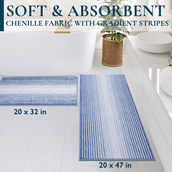 ComfiTime Bathroom Rug Set, 20" x 32" & 20" x 47", 1500GSM Slip-Resistant Chenille Bath Mat for Tub, Bathroom Floor, Machine Washable, Ultra Absorbent, Small or Long, Black, Gray, Blue, Green & Brown