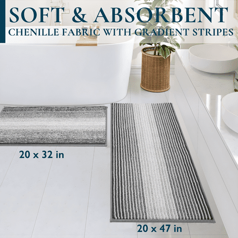 ComfiTime Bathroom Rug Set, 20" x 32" & 20" x 47", 1500GSM Slip-Resistant Chenille Bath Mat for Tub, Bathroom Floor, Machine Washable, Ultra Absorbent, Small or Long, Black, Gray, Blue, Green & Brown