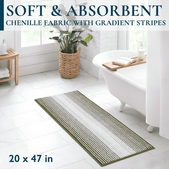 ComfiTime Bathroom Rug Set, 20" x 47", 1500GSM Slip-Resistant Chenille Bath Mat for Tub, Bathroom Floor, Machine Washable, Ultra Absorbent, Small or Long, Black, Gray, Blue, Green & Brown