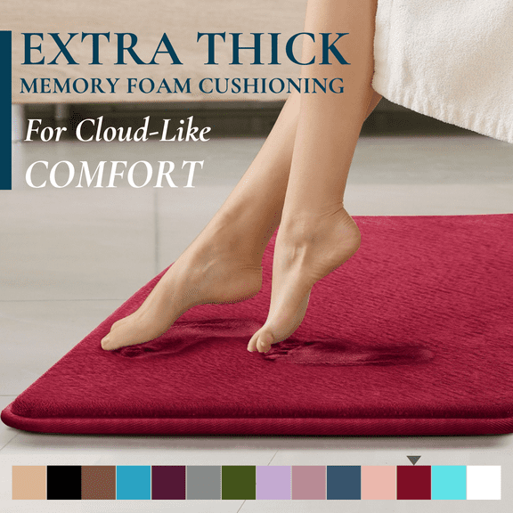 ComfiTime Bathroom Rugs – 1 inch Thick Memory Foam, 17" x 24" Bath Mat, Soft Plush Velvet Top, Non-Slip, Ultra Absorbent, Large & Long Rugs for Bathroom Floor, Burgundy