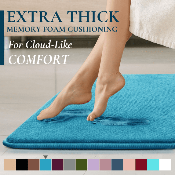 ComfiTime Bathroom Rugs – 1 inch Thick Memory Foam, 20" x 32" Bath Mat, Soft Plush Velvet Top, Non-Slip, Ultra Absorbent, Large & Long Rugs for Bathroom Floor, Blue