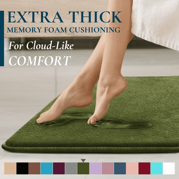 ComfiTime Bathroom Rugs – 1 inch Thick Memory Foam, 20" x 32" Bath Mat, Soft Plush Velvet Top, Non-Slip, Ultra Absorbent, Large & Long Rugs for Bathroom Floor, Green