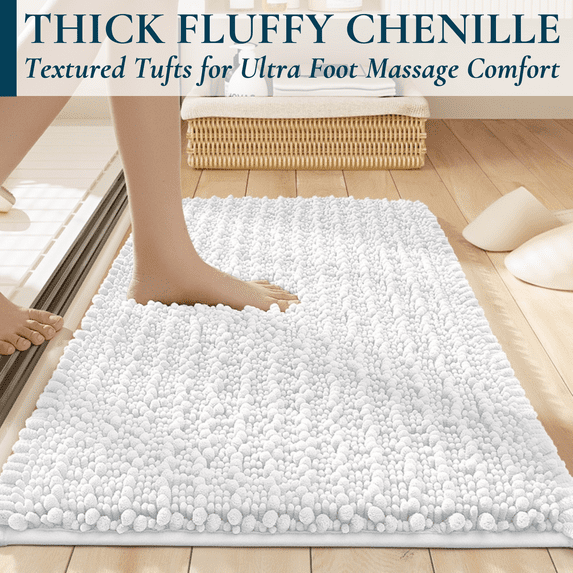 ComfiTime Bathroom Rugs, 20 x 32 in, 2000GSM Thick Slip-Resistant Chenille Bath Mat for Tub, Shower & Bathroom Floor, Machine Washable, Ultra Absorbent, Small or Long, White, Black, Gray, Blue, Brown