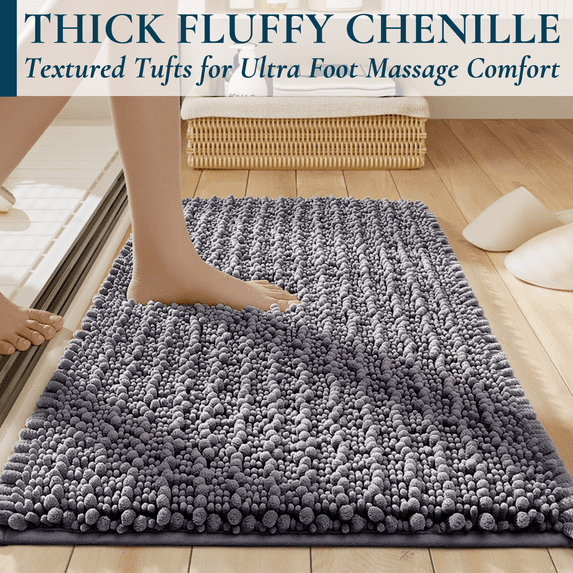 ComfiTime Bathroom Rugs, 24 x 36 in, 2000GSM Thick Slip-Resistant Chenille Bath Mat for Tub, Shower & Bathroom Floor, Machine Washable, Ultra Absorbent, Small or Long, White, Black, Gray, Blue, Brown